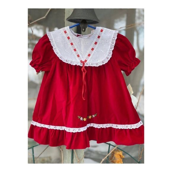 Vintage 80s Deadstock TUTTI FRUTTI Red Velvet White Eyelet Lace Dress Sz 2 - Picture 7 of 9